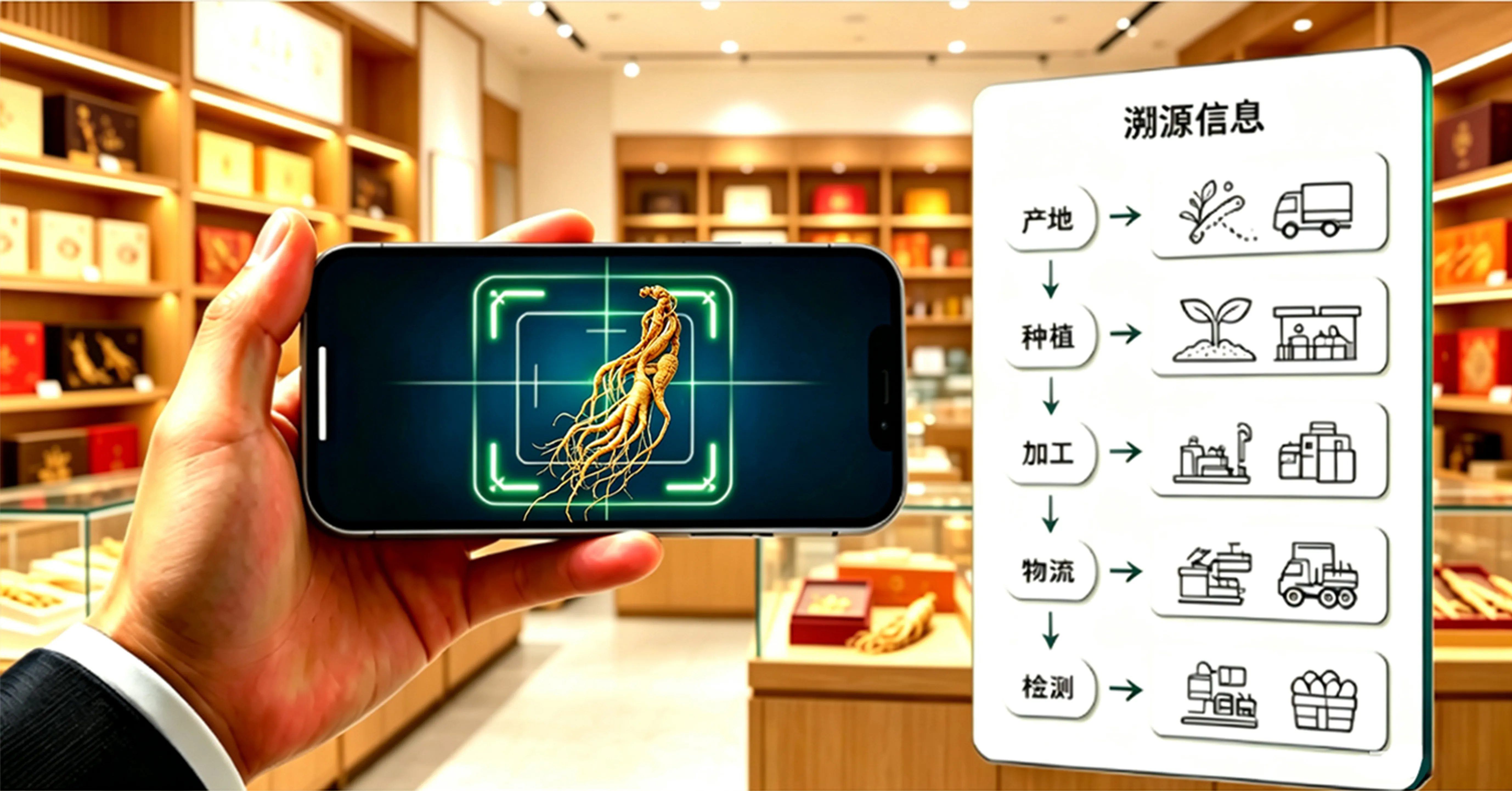 顾客在门店用手机扫码查看人参全链路溯源信息